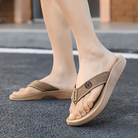 WalkKaro Men’s Slip-On Flip-Flops with Arch Support – Lightweight EVA | Beige & Gold | Indoor/Outdoor