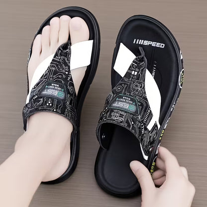 WalkKaro Wide-Strap Comfort Sandals – Black/White | Lightweight Casual Flip-Flops | Indoor & Outdoor