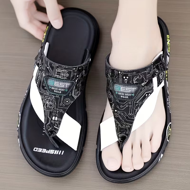 WalkKaro Wide-Strap Comfort Sandals – Black/White | Lightweight Casual Flip-Flops | Indoor & Outdoor
