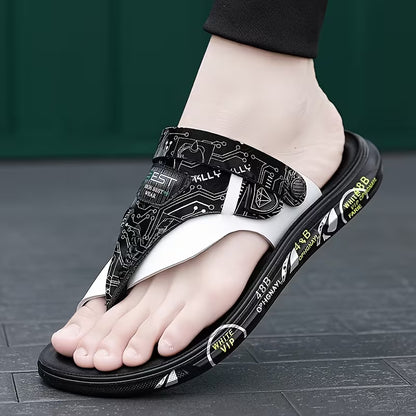 WalkKaro Wide-Strap Comfort Sandals – Black/White | Lightweight Casual Flip-Flops | Indoor & Outdoor