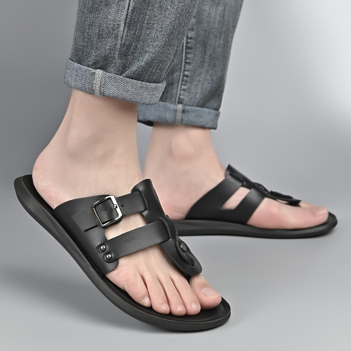 WalkKaro Men’s Slip-On Sandals – Beige/White | Cushioned PU Insole | Lightweight Summer Casual & Formal