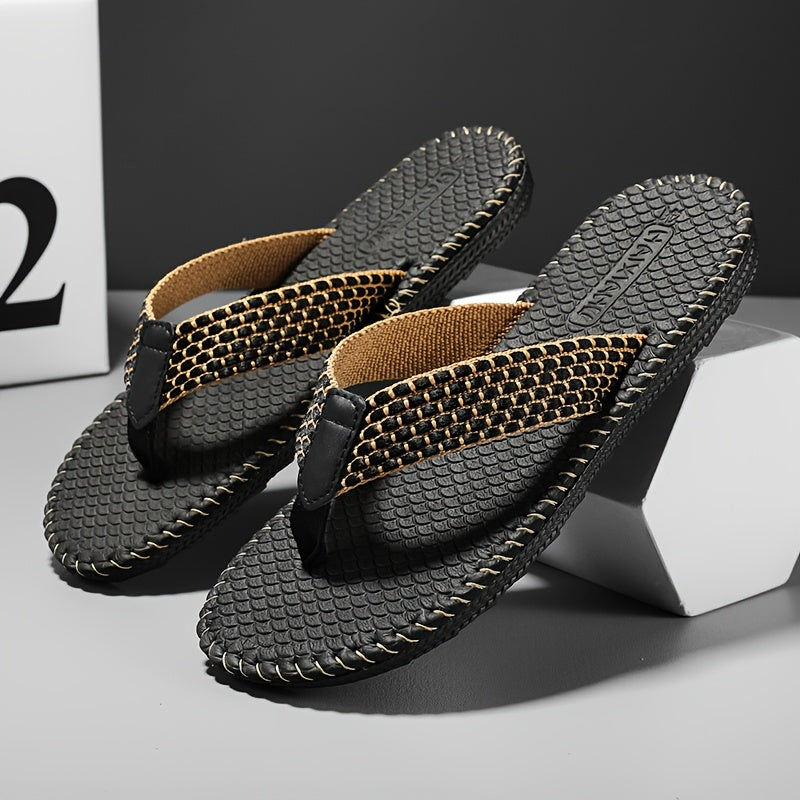 WalkKaro Men’s Woven Flip-Flops – Non-Slip EVA/Rubber Sole | Black & Golden | Beach & Daily Casual