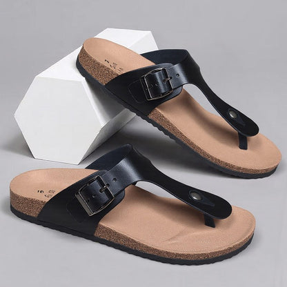 WalkKaro Men’s Summer Slide Sandals – Thick Sole | Non-Slip Round Toe Cover | Beige | Outdoor & Hiking Wear