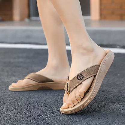 WalkKaro Men’s Slip-On Flip-Flops with Arch Support – Lightweight EVA | Beige & Gold | Indoor/Outdoor