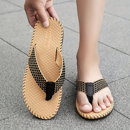 WalkKaro Men’s Woven Flip-Flops – Non-Slip EVA/Rubber Sole | Black & Golden | Beach & Daily Casual