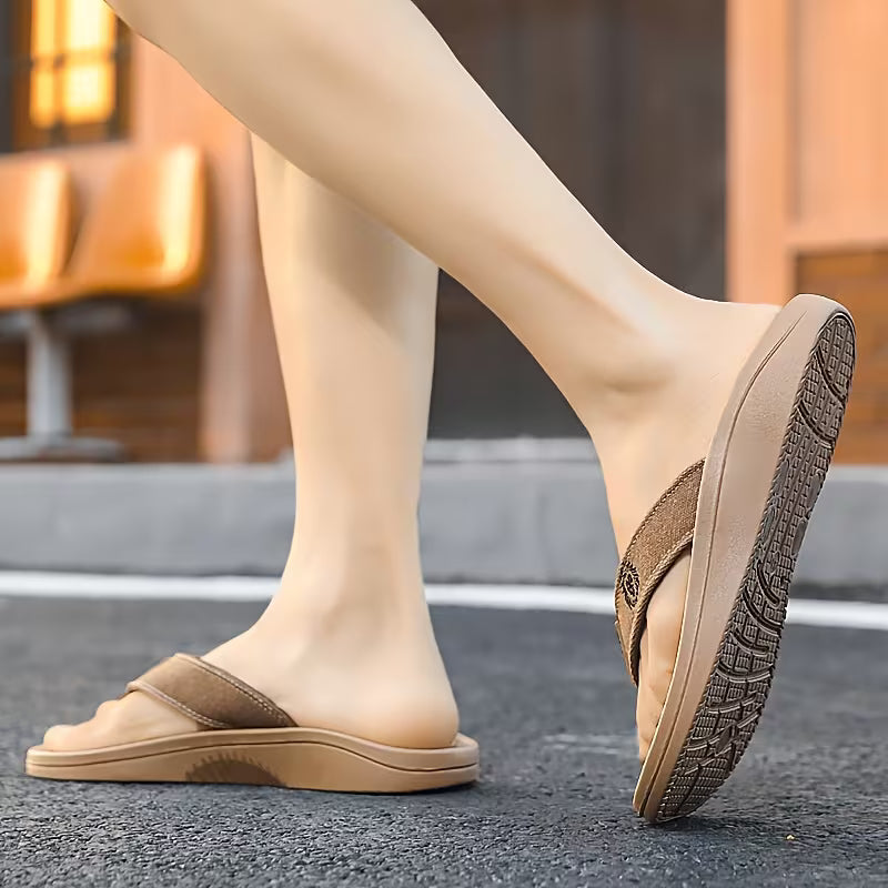 WalkKaro Men’s Slip-On Flip-Flops with Arch Support – Lightweight EVA | Beige & Gold | Indoor/Outdoor