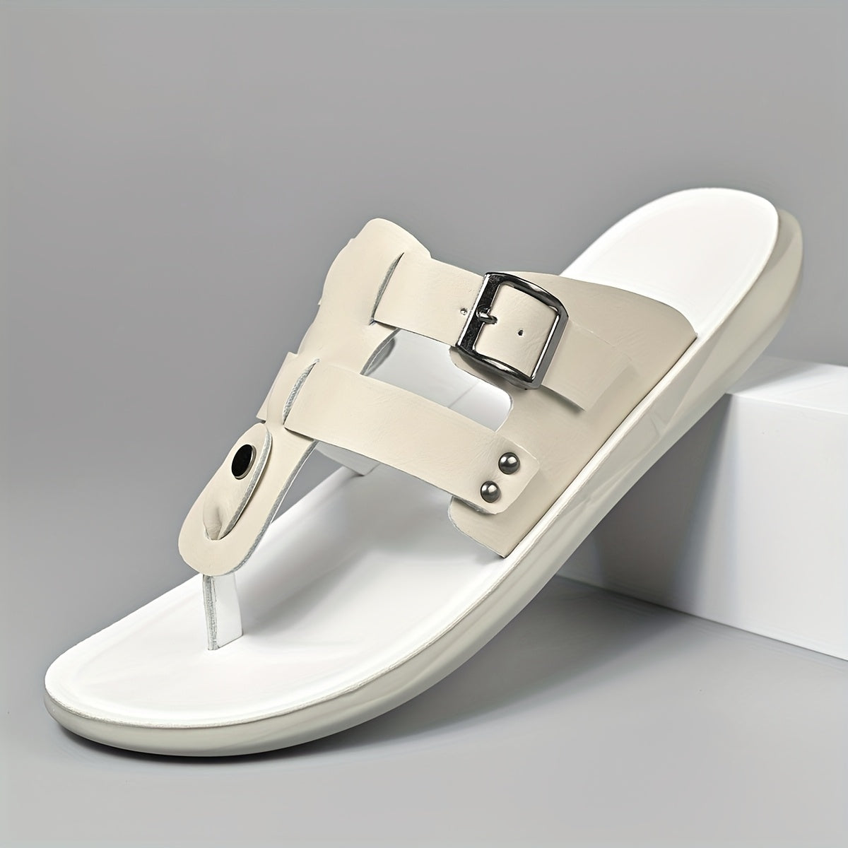 WalkKaro Men’s Slip-On Sandals – Beige/White | Cushioned PU Insole | Lightweight Summer Casual & Formal