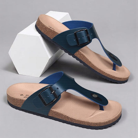 WalkKaro Men’s Summer Slide Sandals – Thick Sole | Non-Slip Round Toe Cover | Beige | Outdoor & Hiking Wear