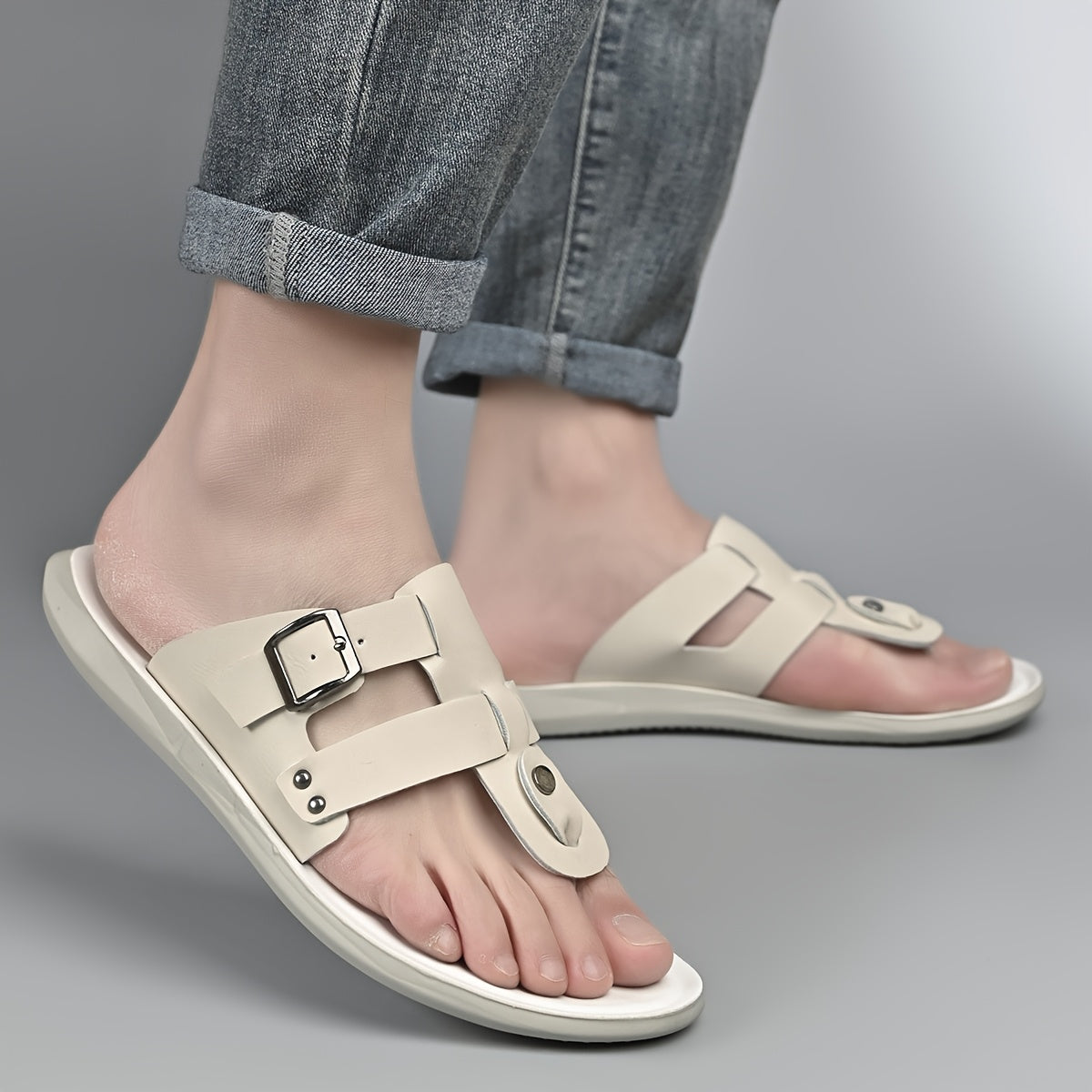 WalkKaro Men’s Slip-On Sandals – Beige/White | Cushioned PU Insole | Lightweight Summer Casual & Formal