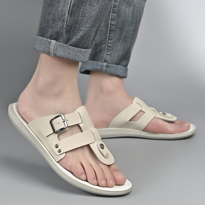 WalkKaro Men’s Slip-On Sandals – Beige/White | Cushioned PU Insole | Lightweight Summer Casual & Formal