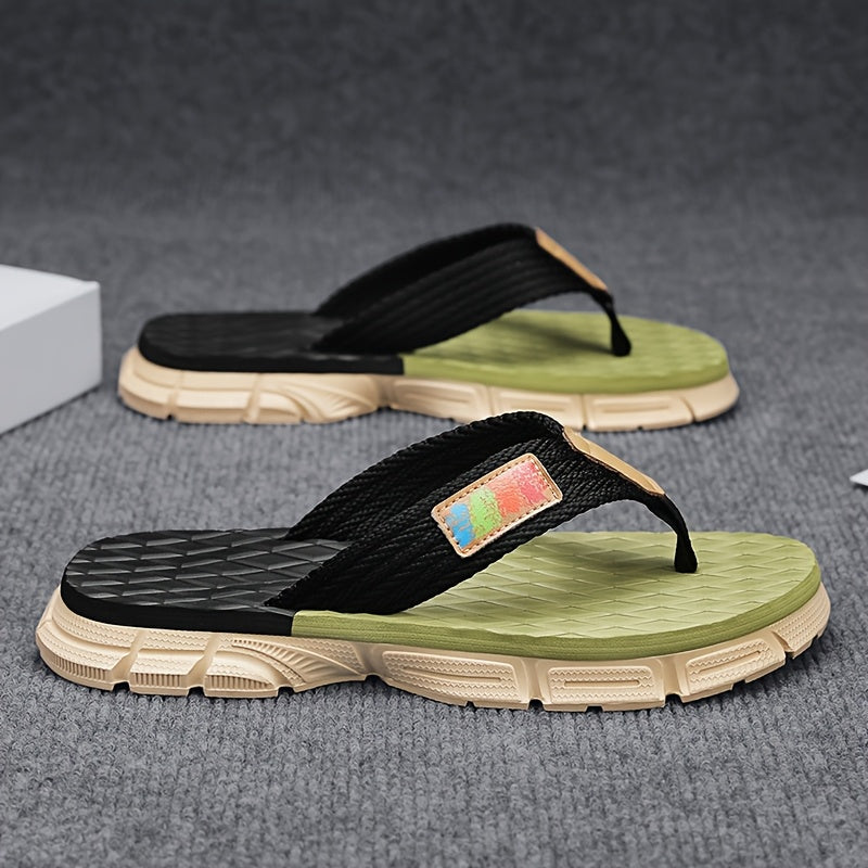 WalkKaro Men’s Thong Sandals with Arch Support – T-Strap Flip-Flops | EVA Sole | Black/Green