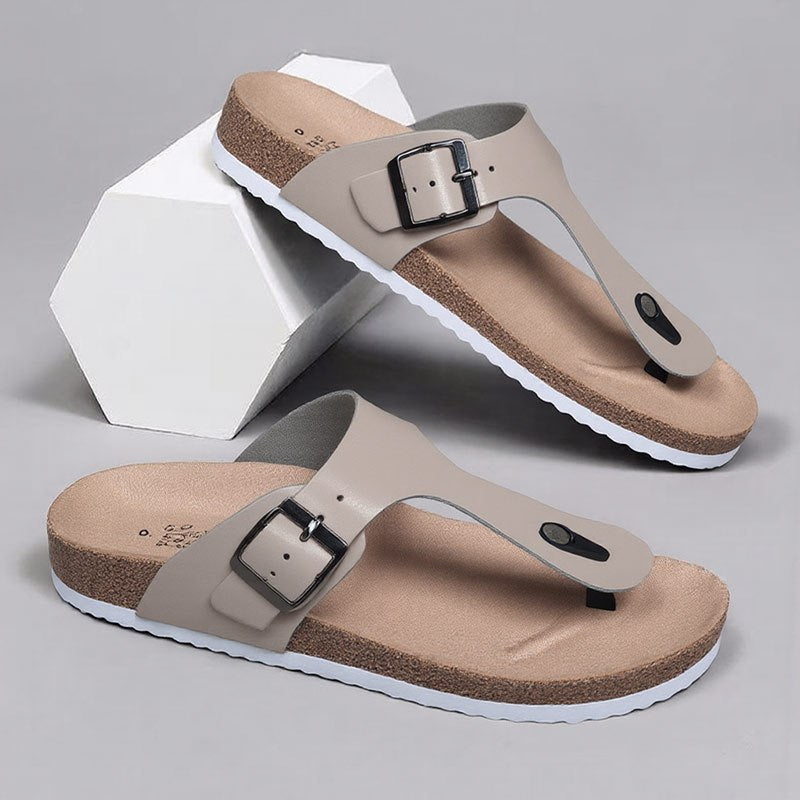 WalkKaro Men’s Summer Slide Sandals – Thick Sole | Non-Slip Round Toe Cover | Beige | Outdoor & Hiking Wear
