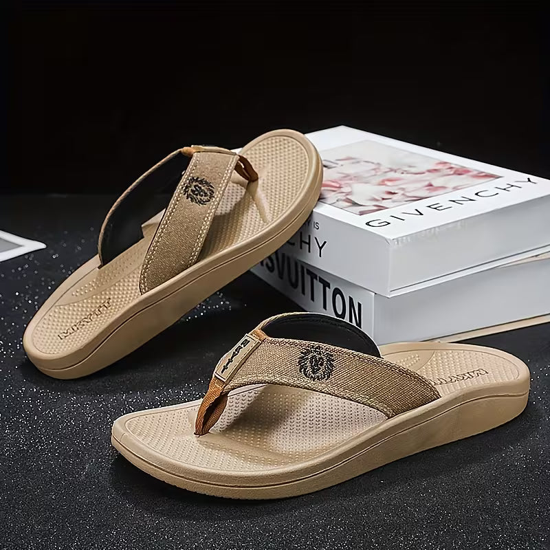WalkKaro Men’s Slip-On Flip-Flops with Arch Support – Lightweight EVA | Beige & Gold | Indoor/Outdoor