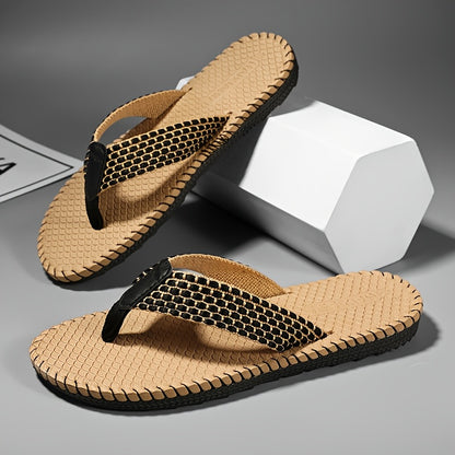 WalkKaro Men’s Woven Flip-Flops – Non-Slip EVA/Rubber Sole | Black & Golden | Beach & Daily Casual