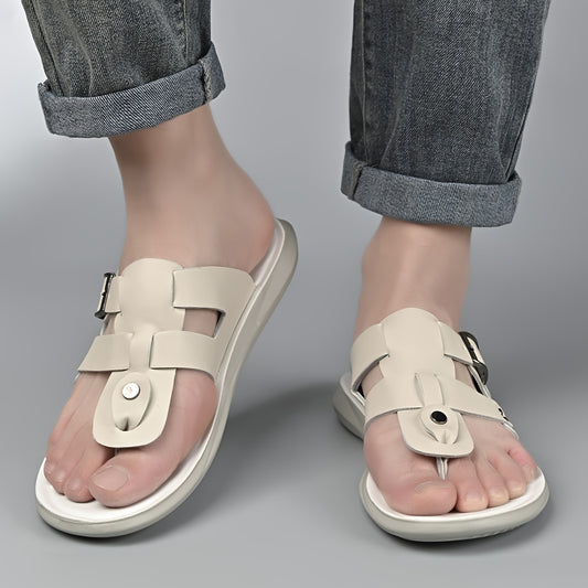 WalkKaro Men’s Slip-On Sandals – Beige/White | Cushioned PU Insole | Lightweight Summer Casual & Formal