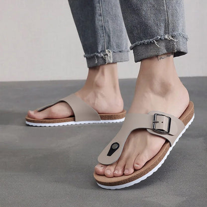 WalkKaro Men’s Summer Slide Sandals – Thick Sole | Non-Slip Round Toe Cover | Beige | Outdoor & Hiking Wear