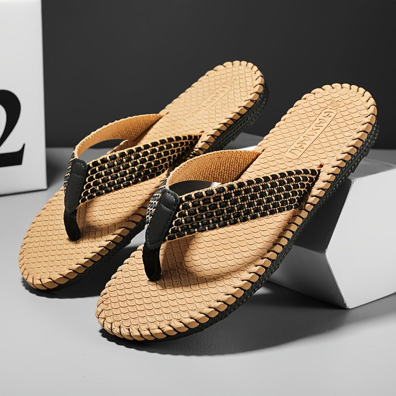 WalkKaro Men’s Woven Flip-Flops – Non-Slip EVA/Rubber Sole | Black & Golden | Beach & Daily Casual