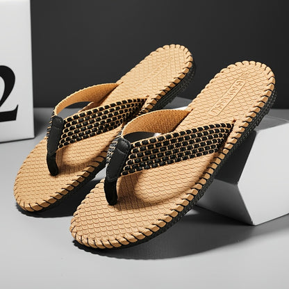 WalkKaro Men’s Woven Flip-Flops – Non-Slip EVA/Rubber Sole | Black & Golden | Beach & Daily Casual