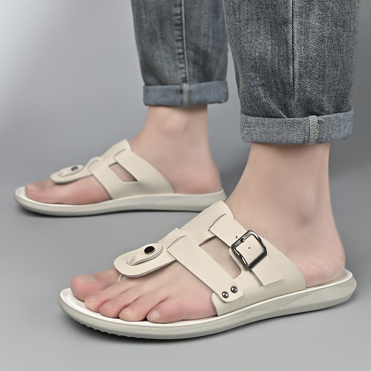 WalkKaro Men’s Slip-On Sandals – Beige/White | Cushioned PU Insole | Lightweight Summer Casual & Formal