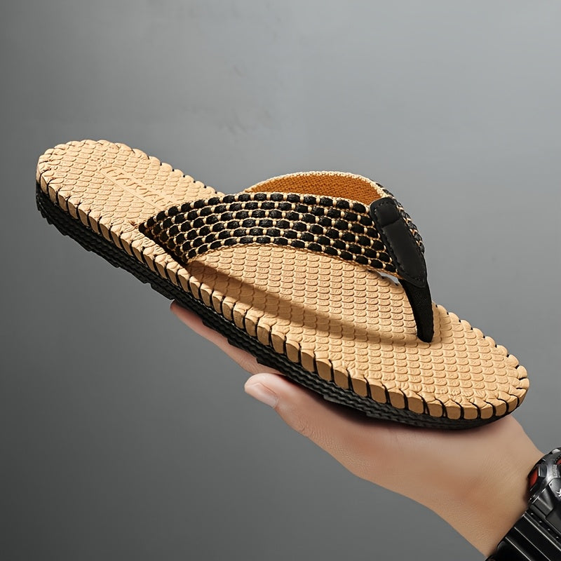 WalkKaro Men’s Woven Flip-Flops – Non-Slip EVA/Rubber Sole | Black & Golden | Beach & Daily Casual
