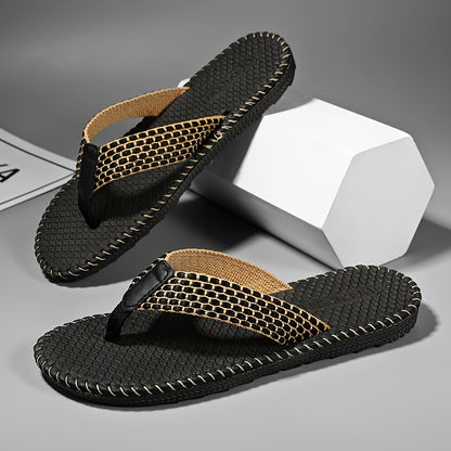 WalkKaro Men’s Woven Flip-Flops – Non-Slip EVA/Rubber Sole | Black & Golden | Beach & Daily Casual