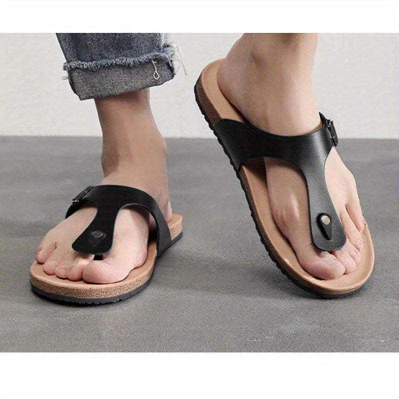 WalkKaro Men’s Summer Slide Sandals – Thick Sole | Non-Slip Round Toe Cover | Beige | Outdoor & Hiking Wear