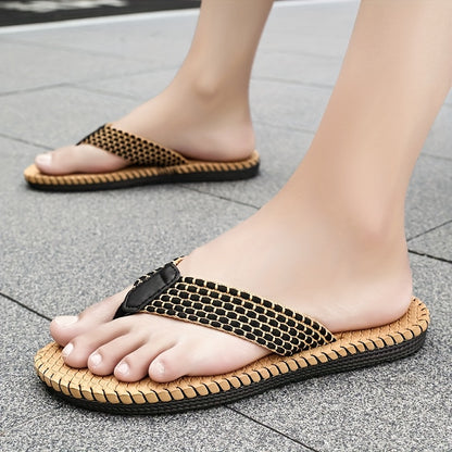 WalkKaro Men’s Woven Flip-Flops – Non-Slip EVA/Rubber Sole | Black & Golden | Beach & Daily Casual