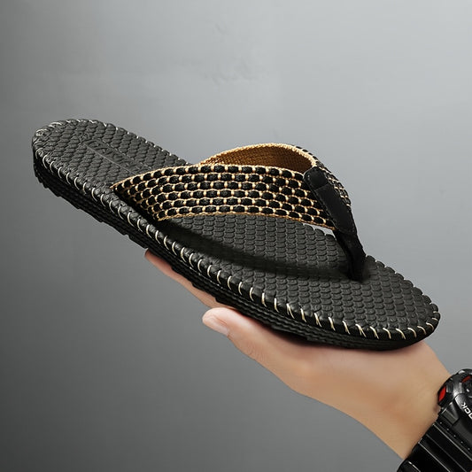 WalkKaro Men’s Woven Flip-Flops – Non-Slip EVA/Rubber Sole | Black & Golden | Beach & Daily Casual