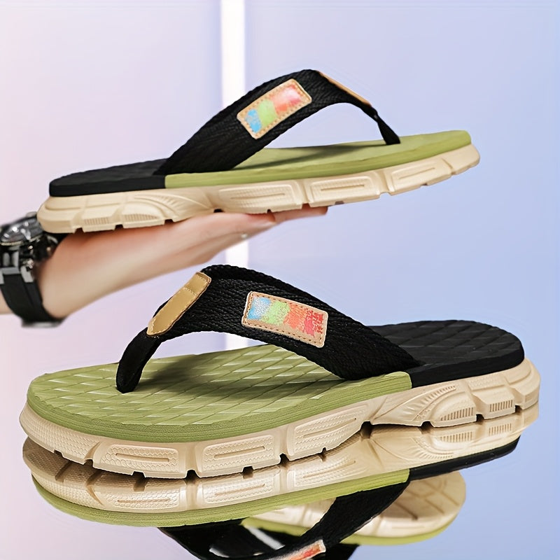 WalkKaro Men’s Thong Sandals with Arch Support – T-Strap Flip-Flops | EVA Sole | Black/Green