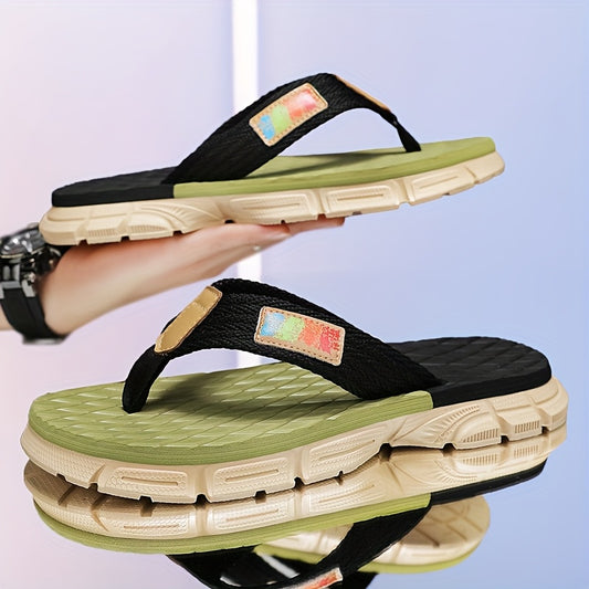 WalkKaro Men’s Thong Sandals with Arch Support – T-Strap Flip-Flops | EVA Sole | Black/Green